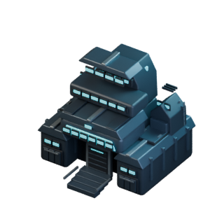 Cobalt-blue command tower with cyan-lit windows